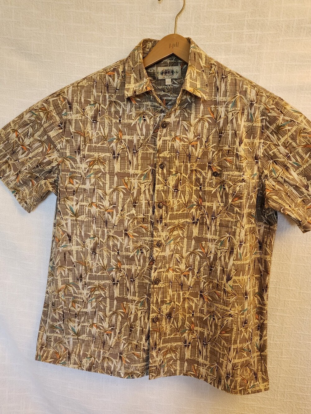 Vintage Campia Moda Beige/Cream M L Short Sleeve Shirt Cotton Bamboo Print A447
